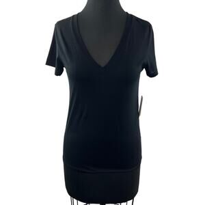 VINCE Black Top Pima Cotton Essential Deep V-Neck Relaxed Fit Trendy Size S NEW